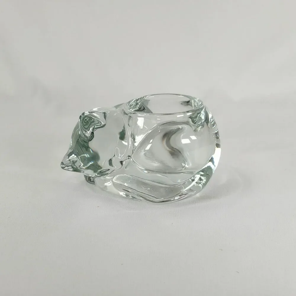 Vintage Indiana Glass Sleeping Kitty Cat Clear Votive Tealight Candle Holder MCM